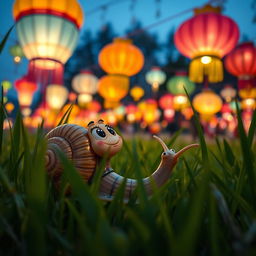 A cute little snail looking with wonder at a festival scene during the Lantern Festival, surrounded by lush grass