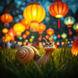 A cute little snail looking with wonder at a festival scene during the Lantern Festival, surrounded by lush grass