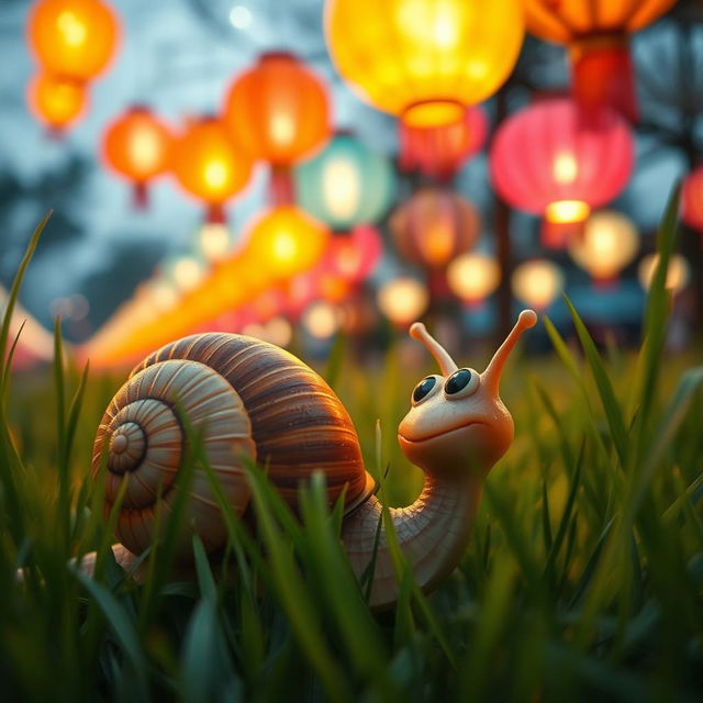 A cute little snail looking with wonder at a festival scene during the Lantern Festival, surrounded by lush grass