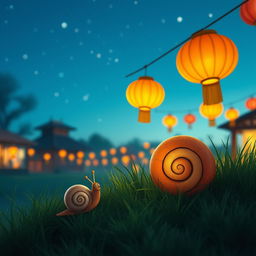 A cute little snail in the style of Jon Klassen, gazing in awe at a charming festival scene during the Lantern Festival