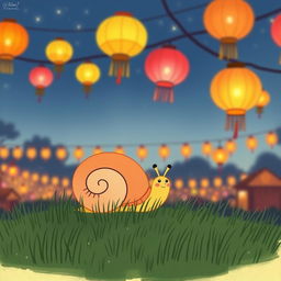 A cute little snail in the style of Jon Klassen, gazing in awe at a charming festival scene during the Lantern Festival