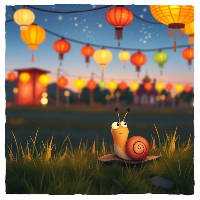 A cute little snail in the style of Jon Klassen, gazing in awe at a charming festival scene during the Lantern Festival