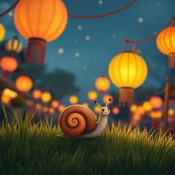A cute little snail in the style of Jon Klassen, gazing in awe at a charming festival scene during the Lantern Festival