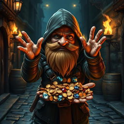 A clever dwarf thief holding his hands in a pose reminiscent of the 'Albian Eagle', showcasing a confident and playful demeanor