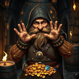 A clever dwarf thief holding his hands in a pose reminiscent of the 'Albian Eagle', showcasing a confident and playful demeanor