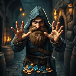 A clever dwarf thief holding his hands in a pose reminiscent of the 'Albian Eagle', showcasing a confident and playful demeanor