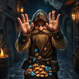 A clever dwarf thief holding his hands in a pose reminiscent of the 'Albian Eagle', showcasing a confident and playful demeanor