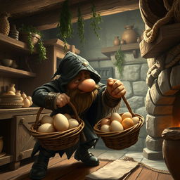A crafty dwarf thief sneaking into a rustic kitchen, reaching for a basket filled with freshly laid eggs