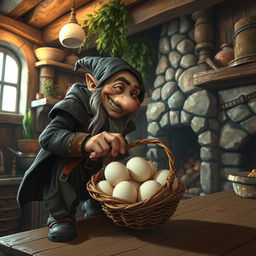 A crafty dwarf thief sneaking into a rustic kitchen, reaching for a basket filled with freshly laid eggs