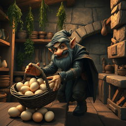A crafty dwarf thief sneaking into a rustic kitchen, reaching for a basket filled with freshly laid eggs