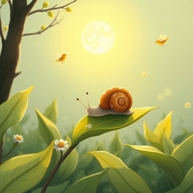 A charming scene of a small snail perched on a tender green leaf, basking in the warmth of the spring sun