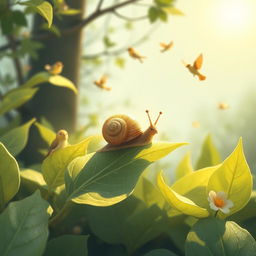 A charming scene of a small snail perched on a tender green leaf, basking in the warmth of the spring sun