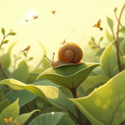 A charming scene of a small snail perched on a tender green leaf, basking in the warmth of the spring sun