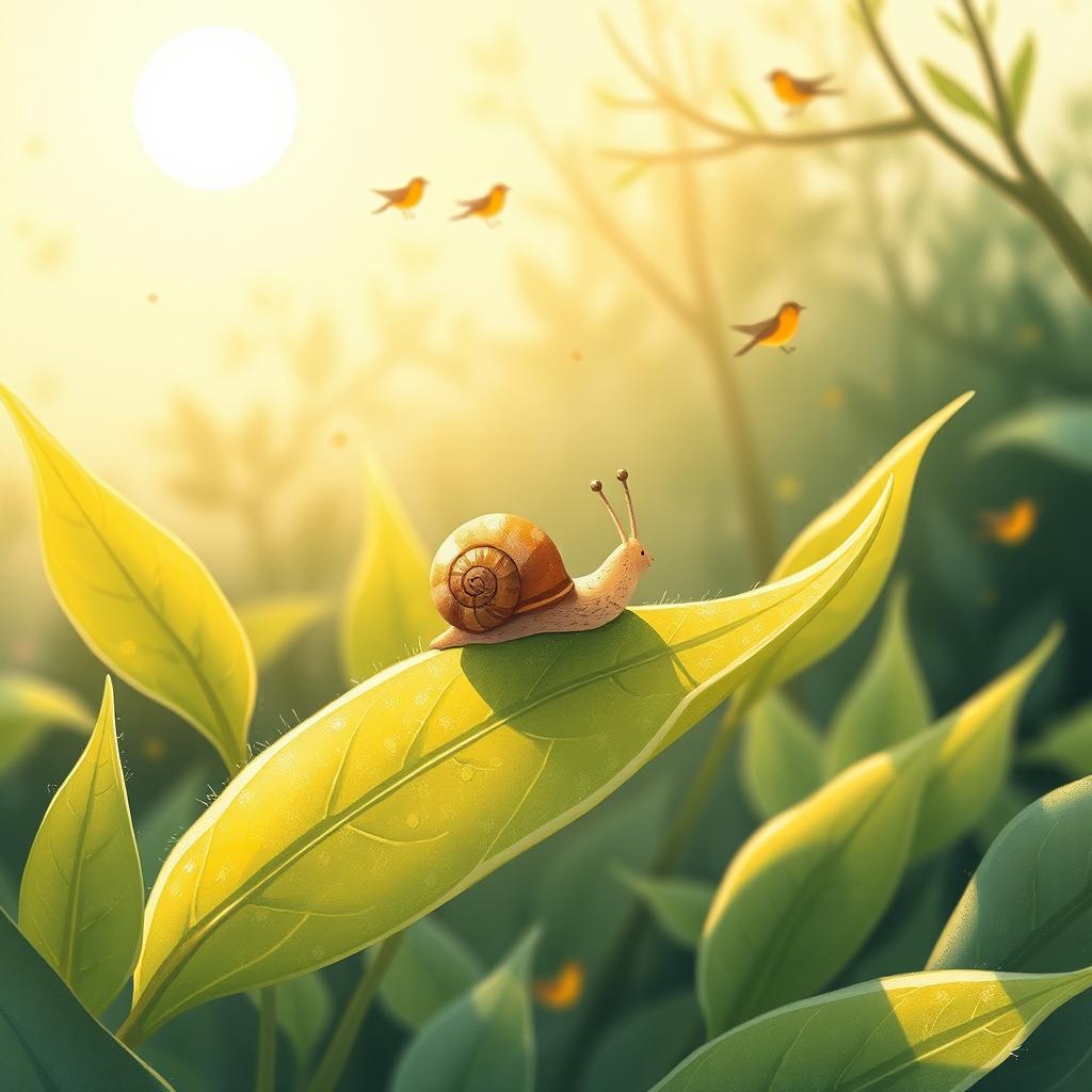 A charming scene of a small snail perched on a tender green leaf, basking in the warmth of the spring sun