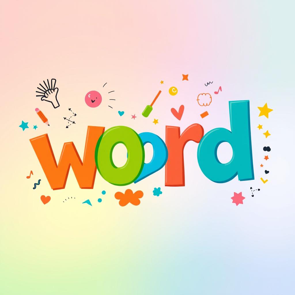 A whimsical and colorful interpretation of the word "word" represented as a playful collage of various letters in different sizes and styles, featuring vibrant colors like orange, blue, green, and yellow