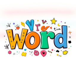 A whimsical and colorful interpretation of the word "word" represented as a playful collage of various letters in different sizes and styles, featuring vibrant colors like orange, blue, green, and yellow