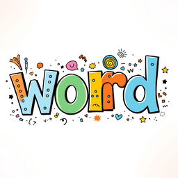 A whimsical and colorful interpretation of the word "word" represented as a playful collage of various letters in different sizes and styles, featuring vibrant colors like orange, blue, green, and yellow