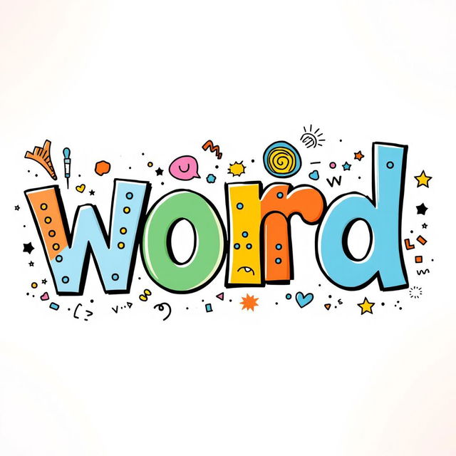 A whimsical and colorful interpretation of the word "word" represented as a playful collage of various letters in different sizes and styles, featuring vibrant colors like orange, blue, green, and yellow