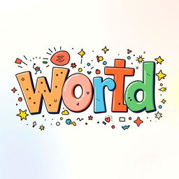 A whimsical and colorful interpretation of the word "word" represented as a playful collage of various letters in different sizes and styles, featuring vibrant colors like orange, blue, green, and yellow