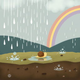 A whimsical scene featuring a small snail enjoying a spring rain