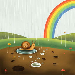 A whimsical scene featuring a small snail enjoying a spring rain