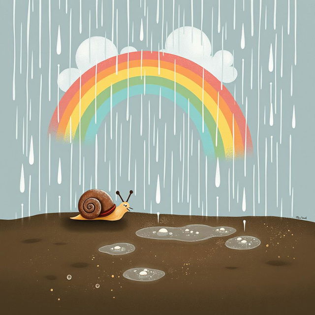 A whimsical scene featuring a small snail enjoying a spring rain