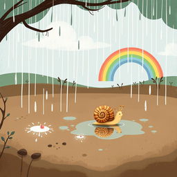 A whimsical scene featuring a small snail enjoying a spring rain