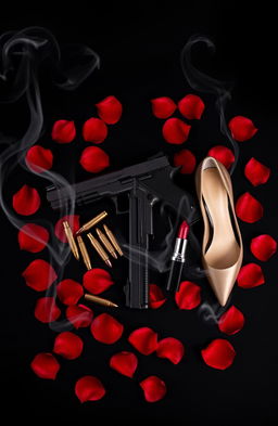 A dramatic and striking cover design featuring a black background adorned with vibrant red rose petals scattered across the surface