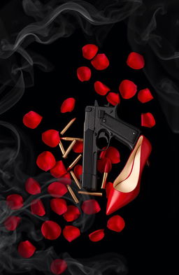 A dramatic and striking cover design featuring a black background adorned with vibrant red rose petals scattered across the surface