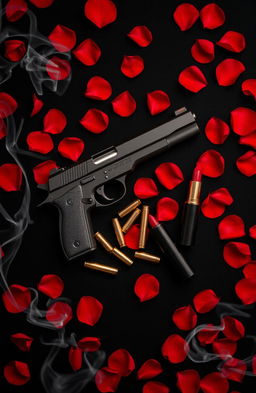 A dramatic and striking cover design featuring a black background adorned with vibrant red rose petals scattered across the surface