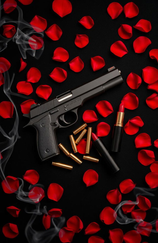 A dramatic and striking cover design featuring a black background adorned with vibrant red rose petals scattered across the surface