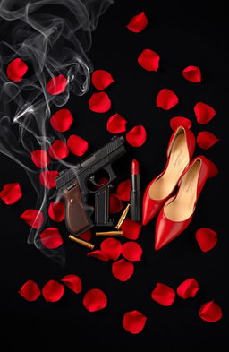 A dramatic and striking cover design featuring a black background adorned with vibrant red rose petals scattered across the surface
