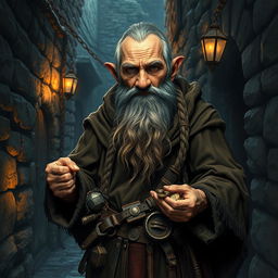An elderly dwarf thief with a weathered face and a long, braided beard, wearing a tattered leather cloak and a worn-out belt filled with various tools and gadgets