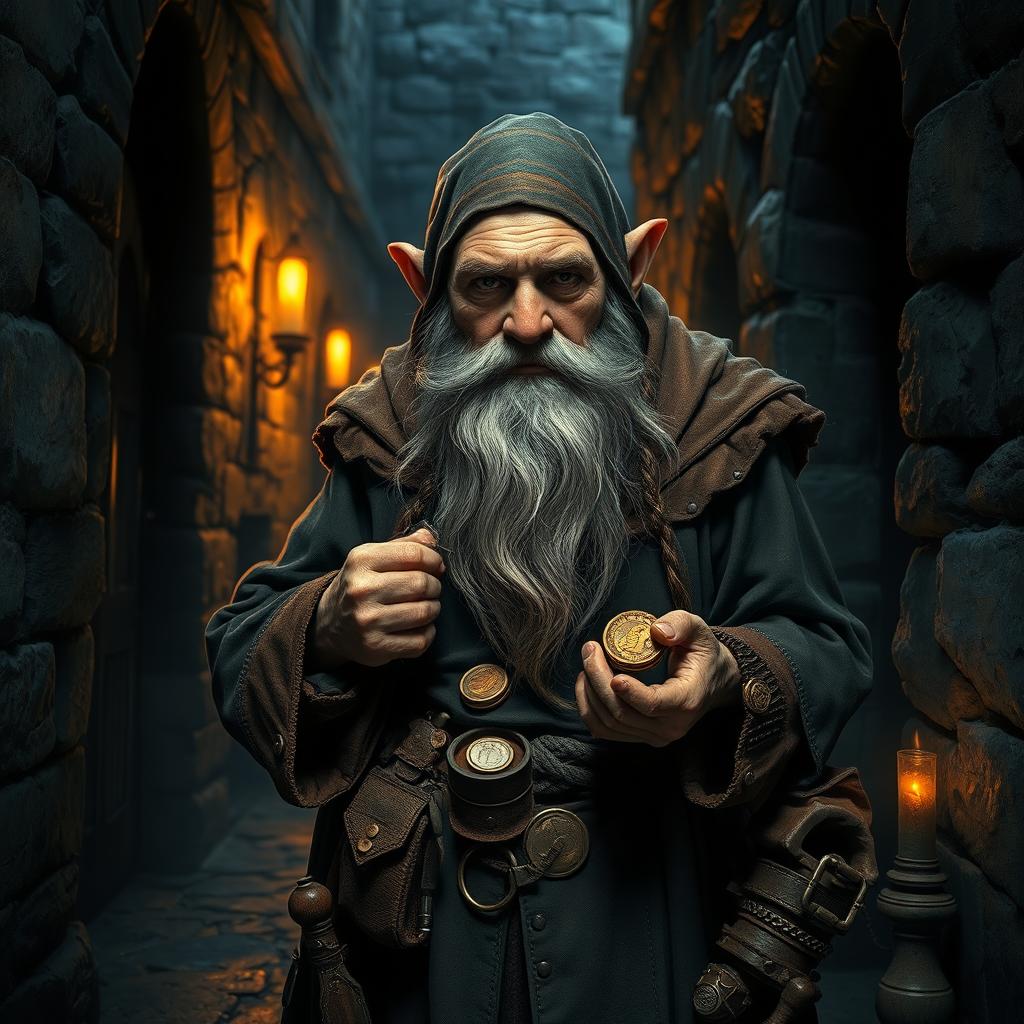 An elderly dwarf thief with a weathered face and a long, braided beard, wearing a tattered leather cloak and a worn-out belt filled with various tools and gadgets