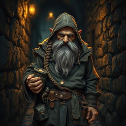 An elderly dwarf thief with a weathered face and a long, braided beard, wearing a tattered leather cloak and a worn-out belt filled with various tools and gadgets