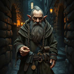 An elderly dwarf thief with a weathered face and a long, braided beard, wearing a tattered leather cloak and a worn-out belt filled with various tools and gadgets