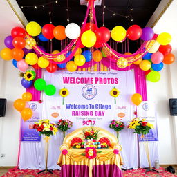 A stunning and vibrant decoration arrangement for a college raising day event, featuring a mix of colorful balloons in various sizes, beautifully arranged floral bouquets with bright blossoms like sunflowers, roses, and lilies, streamers in school colors draped across the ceiling, fairy lights twinkling softly, banners with motivational quotes and the college logo, a welcome table adorned with a decorative cloth and a centerpiece of fruits and flowers