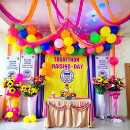 A stunning and vibrant decoration arrangement for a college raising day event, featuring a mix of colorful balloons in various sizes, beautifully arranged floral bouquets with bright blossoms like sunflowers, roses, and lilies, streamers in school colors draped across the ceiling, fairy lights twinkling softly, banners with motivational quotes and the college logo, a welcome table adorned with a decorative cloth and a centerpiece of fruits and flowers