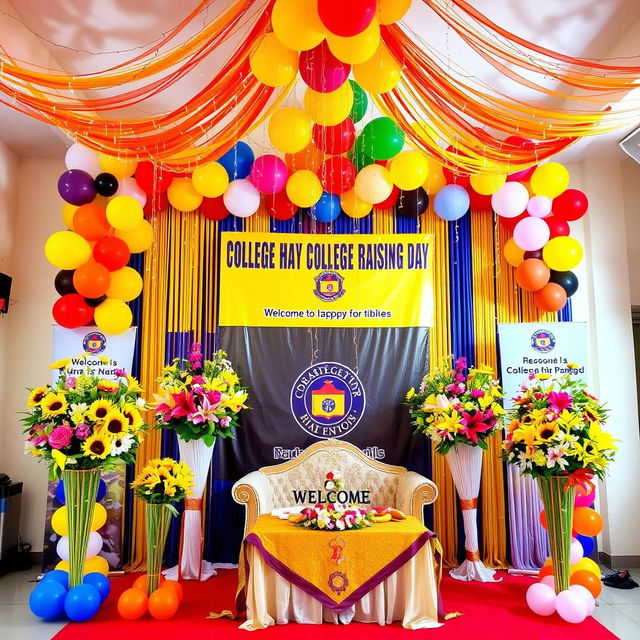 A stunning and vibrant decoration arrangement for a college raising day event, featuring a mix of colorful balloons in various sizes, beautifully arranged floral bouquets with bright blossoms like sunflowers, roses, and lilies, streamers in school colors draped across the ceiling, fairy lights twinkling softly, banners with motivational quotes and the college logo, a welcome table adorned with a decorative cloth and a centerpiece of fruits and flowers