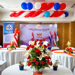 A beautifully crafted decoration arrangement for the Army Medical College raising day, showcasing a patriotic theme with elements representing the military and medicine
