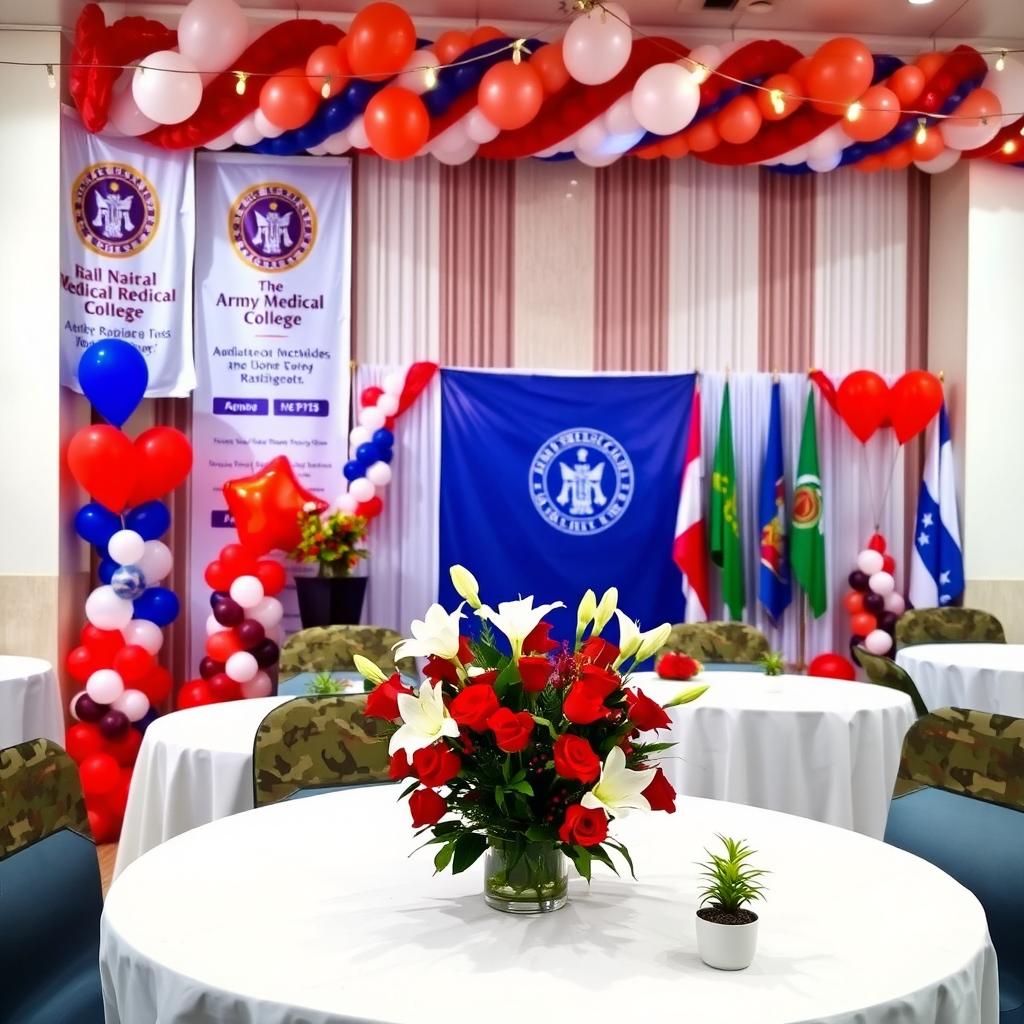 A beautifully crafted decoration arrangement for the Army Medical College raising day, showcasing a patriotic theme with elements representing the military and medicine