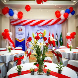 A beautifully crafted decoration arrangement for the Army Medical College raising day, showcasing a patriotic theme with elements representing the military and medicine