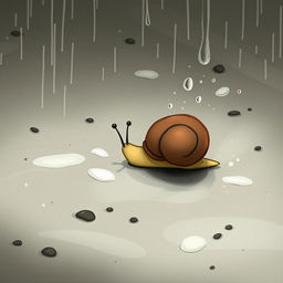 A whimsical illustration of a small snail crawling on a wet and soft ground after a spring rain