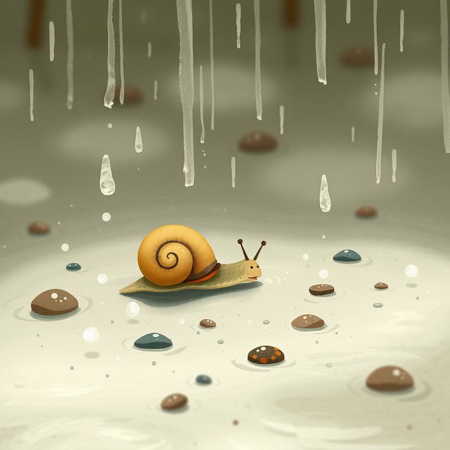 A whimsical illustration of a small snail crawling on a wet and soft ground after a spring rain