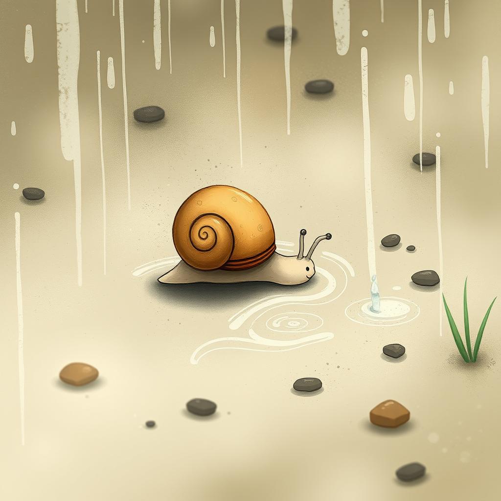 A whimsical illustration of a small snail crawling on a wet and soft ground after a spring rain