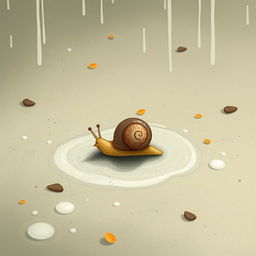 A whimsical illustration of a small snail crawling on a wet and soft ground after a spring rain