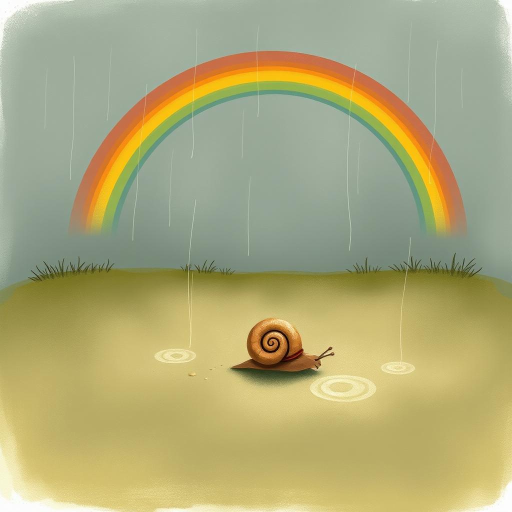 A charming illustration of a small snail crawling on a wet and soft ground after a rain