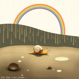 A charming illustration of a small snail crawling on a wet and soft ground after a rain
