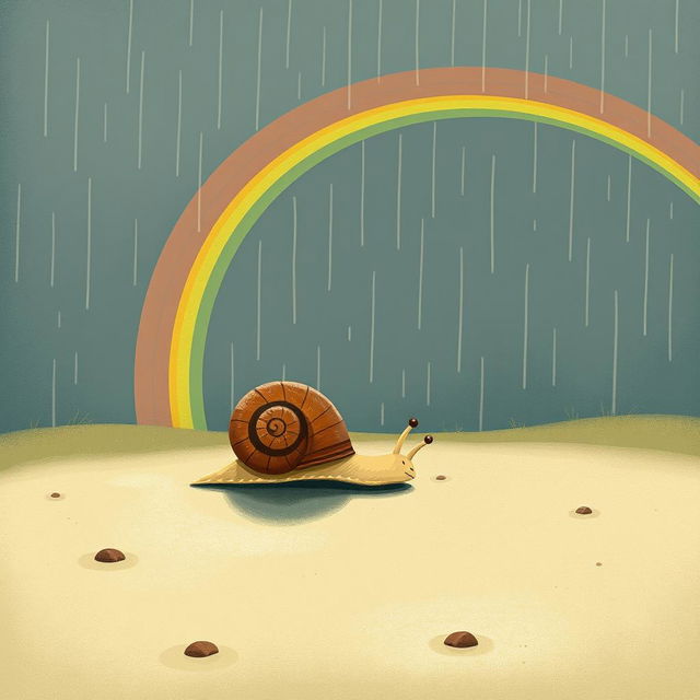 A charming illustration of a small snail crawling on a wet and soft ground after a rain