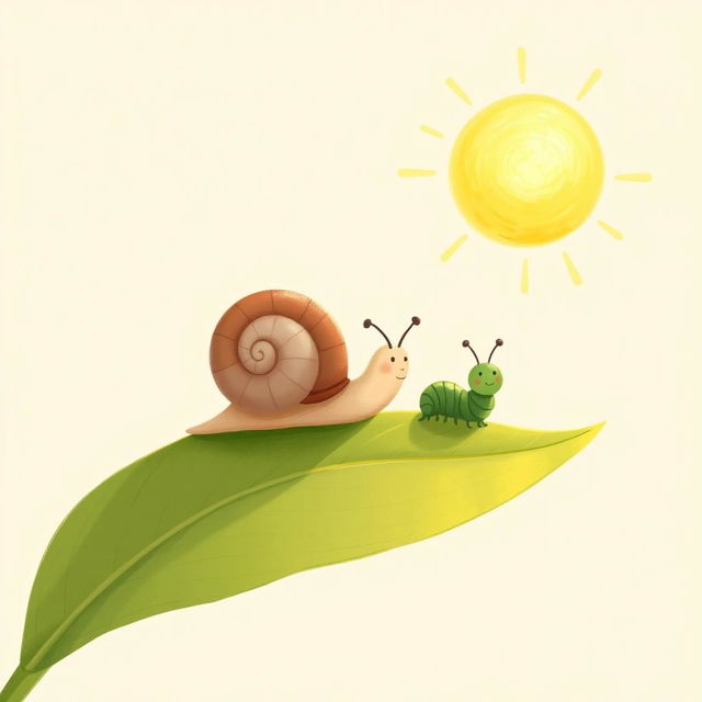 A delightful illustration of a small snail basking on a tender green leaf as spring arrives